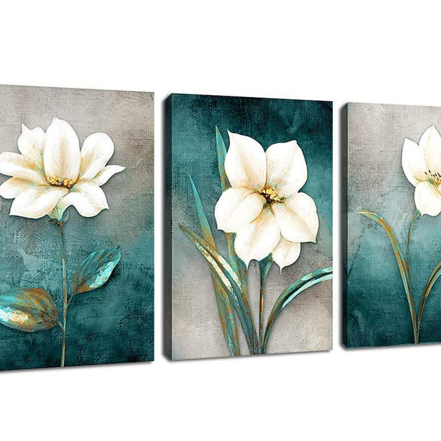 Flower Canvas Wall Art Cream White Floral Wall Decor Turquoise Tealish Grey Background Canvas Picture Modern Rustic Artwork Bathroom Bedroom Living Room Home Office Decoration 12" x 16" x 3 Pieces