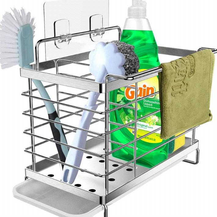 Orimade Kitchen Sink Caddy Organizer with Drain Pan Adhesive and Countertop Dual-Use Sponge Brush Soap Dish Holder SUS304 Stainless Steel