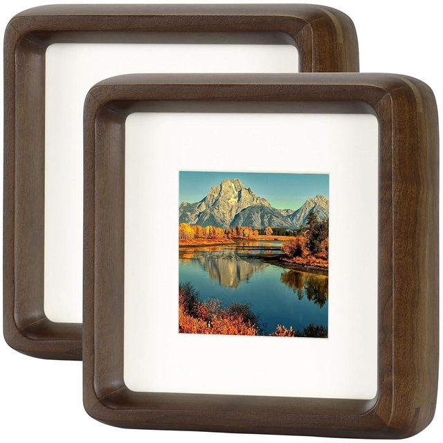 HELPLEX 4x4 Matted to 3x3 Square Picture Frame Set of 2 - Natural Walnut Wood with HD Tempered Glass, Convertible Design for Wall or Tabletop Display - Art Gallery & Luxury Home Office Decor