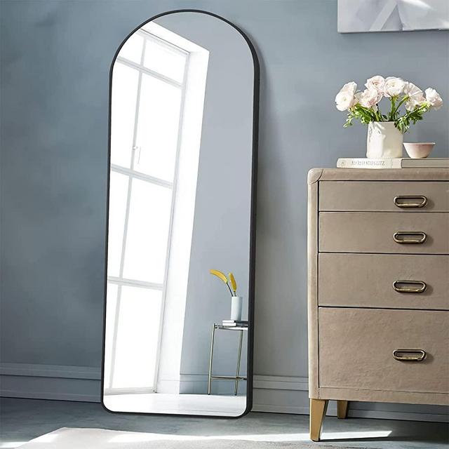 PexFix Mirror Full Length 64"x21" Sleek Arched-Top Aluminum Floor Mirror Bedroom Dressing Mirror, Arched Wall Mirror Standing Leaning Hanging (Black)