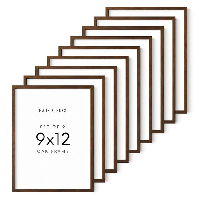 HAUS AND HUES Walnut Wood 9x12 Picture Frames - Set of 9, Natural Frames with Plexiglass and Hanging Hardware (Walnut Oak Frame)