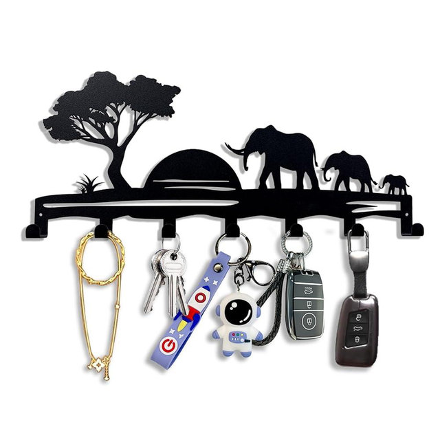 BooWoodNeonMetal Elephant Family Metal Key Hook Rack - African Savannah Sunset Wall Decor - Practical and Artistic Key Organizer, Hallway, Kitchen, Office