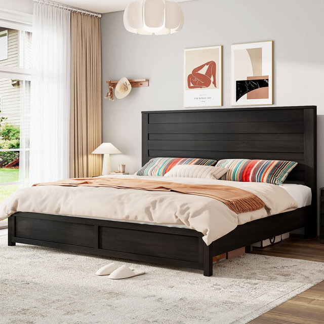 AMERLIFE Farmhouse King Bed Frame with 49" Tall Headboard, No Box Spring Needed/Noise Free, Black