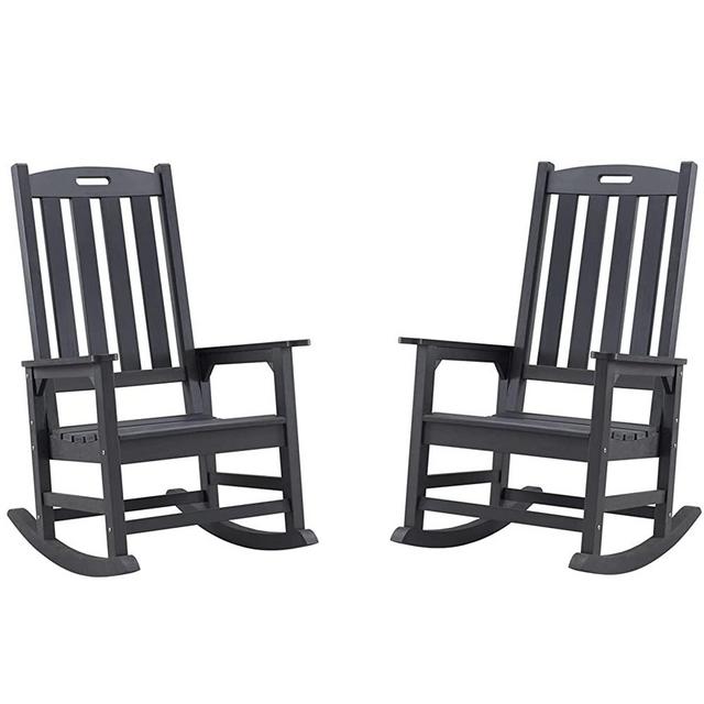 Psilvam Patio Rocking Chairs Set of 2, Poly Lumber Porch Rocker with High Back, 350Lbs Support Rocking Chairs for Both Outdoor and Indoor, Poly Rocker Chair Looks Like Real Wood (2, Carbon Black)