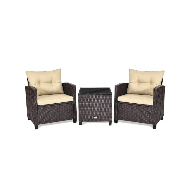 Tangkula 3PCS Wicker Cushioned Conversation Set Outdoor Rattan Furniture w/Beige Cushions
