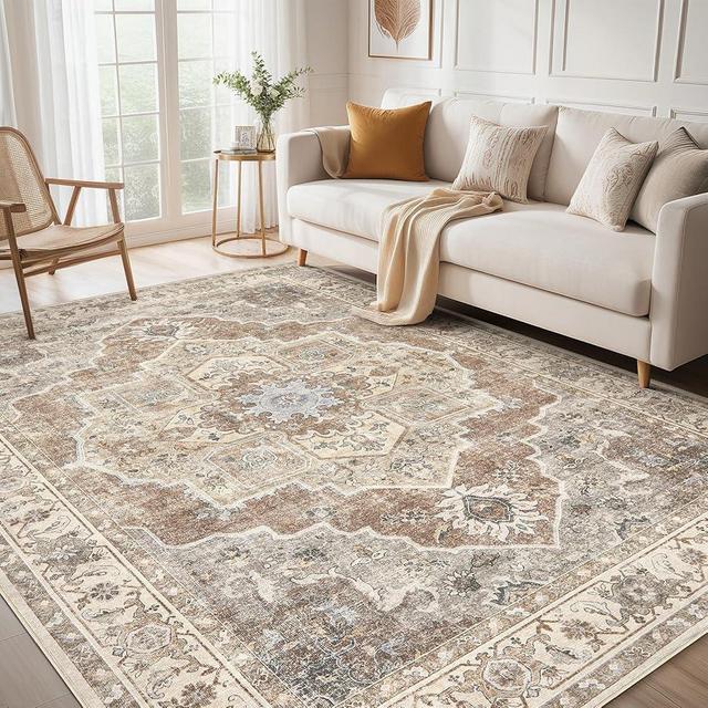 Micgeek Washable 9x12 Area Rugs for Living Room - Vintage Distressed Retro Neutral Farmhouse Thin Soft Large Rug Indoor Floor No Slip Rug Carpet for Bedroom Dining Room Decor - Brown