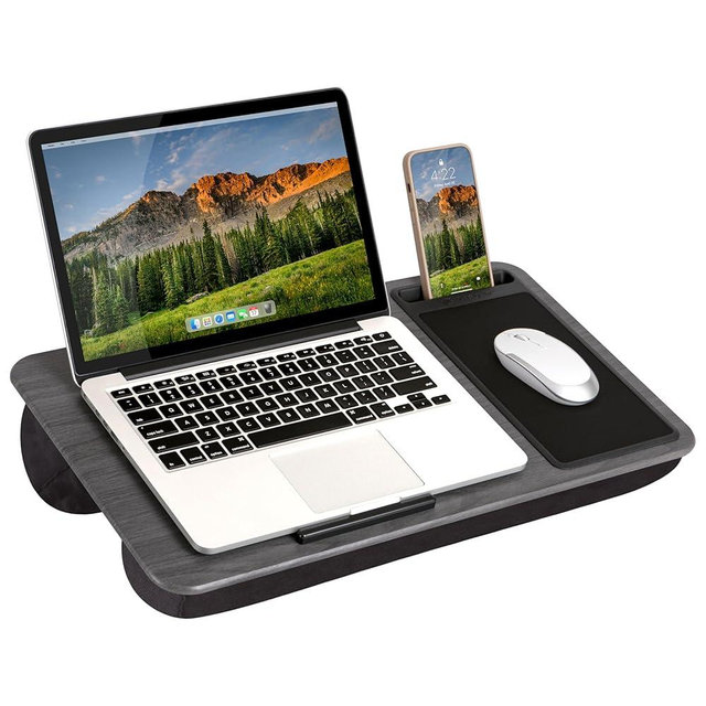 LAPGEAR Home Office Lap Desk with Device Ledge, Mouse Pad, and Phone Holder - Gray Woodgrain - Fits up to 15.6 Inch Laptops - Style No. 91545
