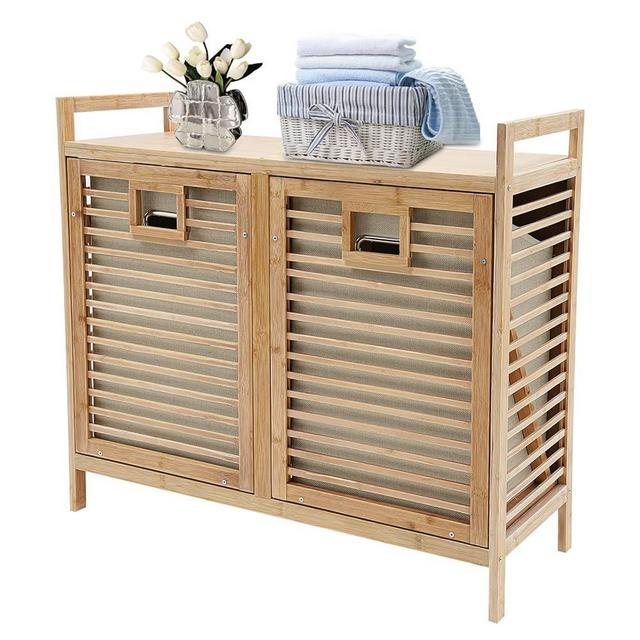 Laundry Hampers,Double Tilt Out Bamboo Storage Cabinet for Entryway,Multifunctional Bathroom Laundry Cabinet w/2 Baskets and 1 Platform,Freestanding Clothes Organizer,31.8*11.8*28.3in Light Wood Color