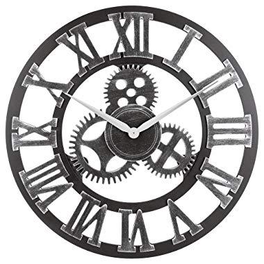 Oldtown Clocks 23" inch Noiseless Silent Gear Wall Clock - Large Handmade 3D Retro Rustic Country Decorative Luxury Art Big Wooden Vintage for House Warming Gift, (Roman-Silver)