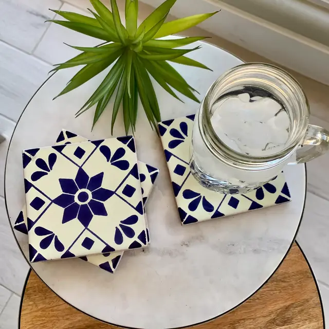 Blue and White Mexican glazed tile coaster set, Drink coaster, tile coaster, ceramic coaster, coaster gift, housewarming or hostess coaster