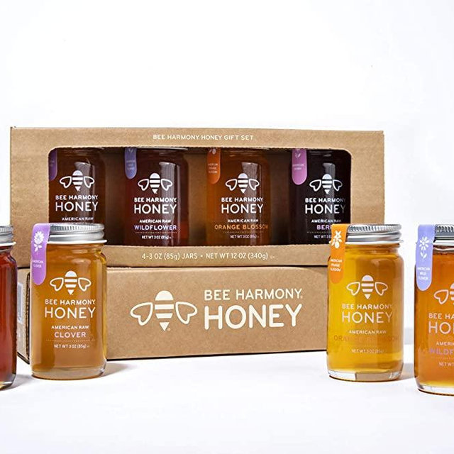 Bee Harmony Mini Honey Gift Set, Premium Raw Honey, 4 Jars, 3 Ounces Each, Product of U.S.A.