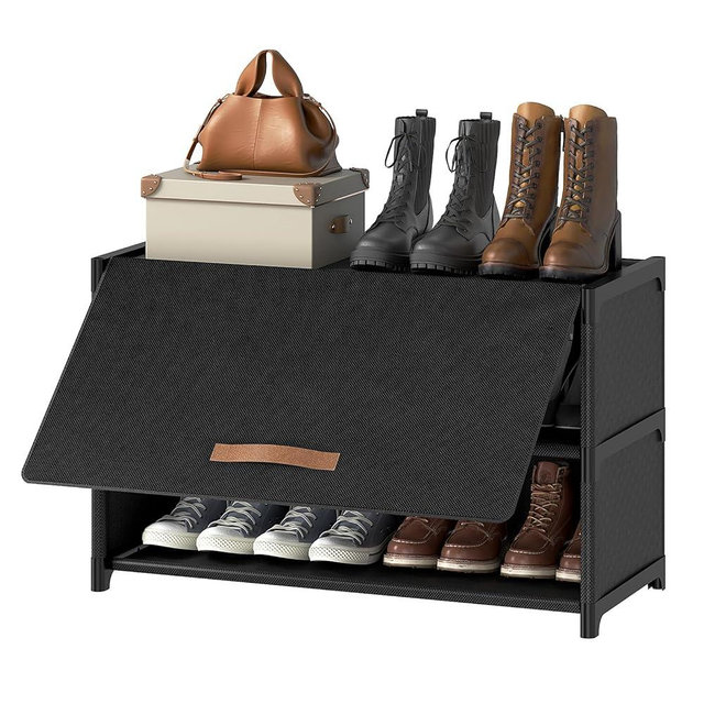 UNITSTAGE Shoe Rack, 3 Tier Shoe Storage Cabinet with Door 12 Pair Plastic Shoe Shelves Organizer for Closet, Entryway, Hallway, Bedroom, Black