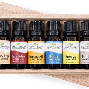Plant Therapy Top 6 Essential Oil Synergies Set. Includes: Stress Free, Energy, Germ Fighter, Relax, Immune-Aid, and Pain Aid. 10 mL (1/3 Ounce) each.