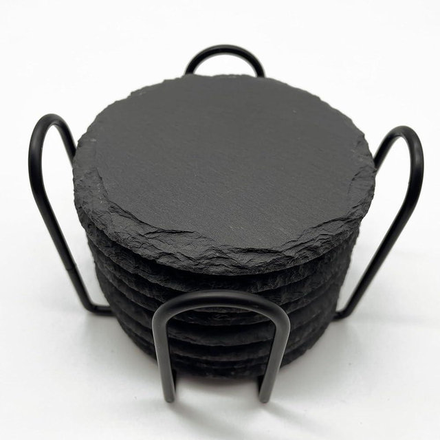 8 Pack 4 inch Round Slate Coasters with Metal Holder,Handmade Natural Rough Edge,with Integral Anti-Skid pad,Laser Engraving Blanks,Stone Coasters