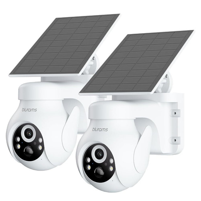 blurams 2K Solar Outdoor Camera Wireless, 360° PTZ Security Cameras Wireless Outdoor with Human Auto Tracking, R/Color Night Vision, Battery Powered, Compatible with Alexa, 2.4GHz Only, 2Pack