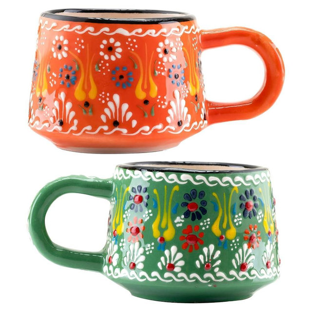 BCS 6 Oz Cappuccino Cups Set of 2, Ceramic Coffee & Tea Mugs, Colorful Handmade Cups, Dishwasher & Microwave Safe Ceramic Mugs (3 Inches, Orange - Green)
