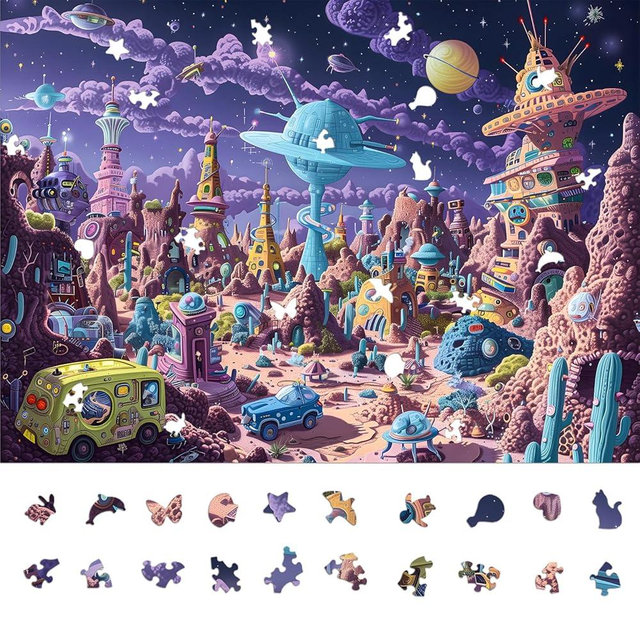 Naturelish Alien Planet Jigsaw Puzzles for Adults 1000 Pieces, Brain Challenging Shaped Puzzle for Game Night Family Friends, Size 26.6 x 19.2, Monsters Purple World