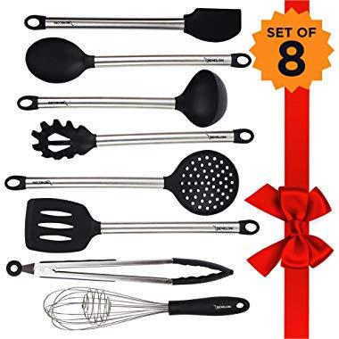 PREMIUM Silicone Kitchen Serving Utensil Set - Stainless Steel Metal and Black Utensils Including Tongs Spoons Spatula Ladle Whisk and Frosting Spatula Professional Nonstick Safe Modern Cooking Tools
