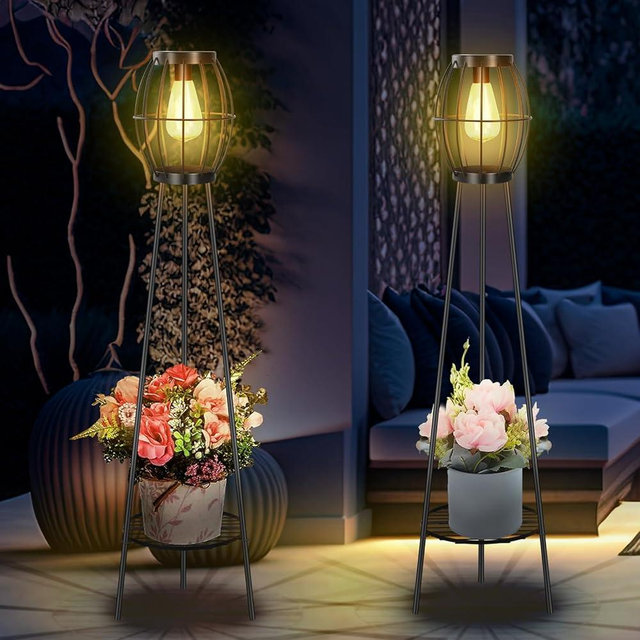 FQIIL 2 Pack Solar Lights Outdoor with Plant Stands, Solar Floor Lamps, Black Metal Tripod Deck Lights, Patio Decor for Garden Yard Pathway Driveway Porch