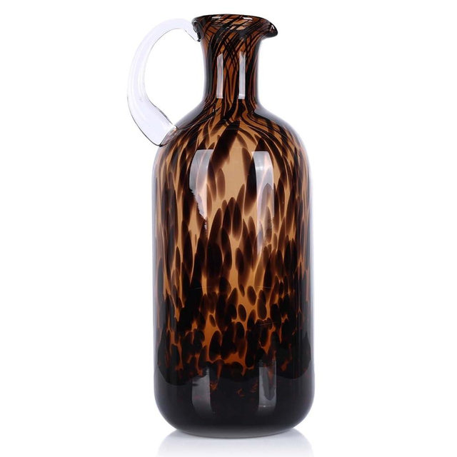 Amber Glass Flower Vase with Tortoise Shell Design, Decorative Round Centerpiece for Home Décor, Living Room, Office, Entryway, Modern Brown Vase for Home and Garden Decoration (L)