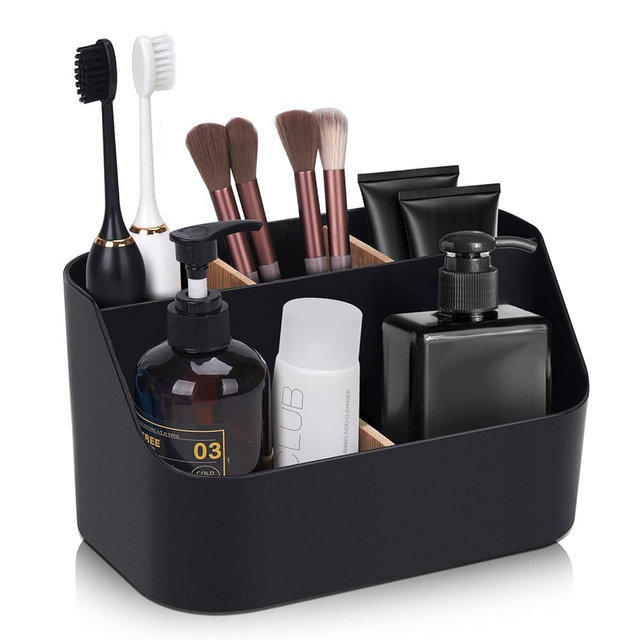 Ayswupt Electric Toothbrush Holders for Bathrooms,Black Tooth Brushing Holder,Toothpaste Organizer with Bamboo Dividers,Bathroom Countertop Accessories Storage,Toothbrush Stand for Vanity Office Sink