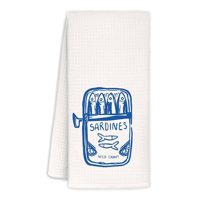 KEUSPI Blue Coastal Sardine Kitchen Towels, Fish Sardine Lover Gifts, Retro Beach Canned Seafood Nautical Decorative Hand Dish Tea Towels for Kitchen, 16x24 Inch