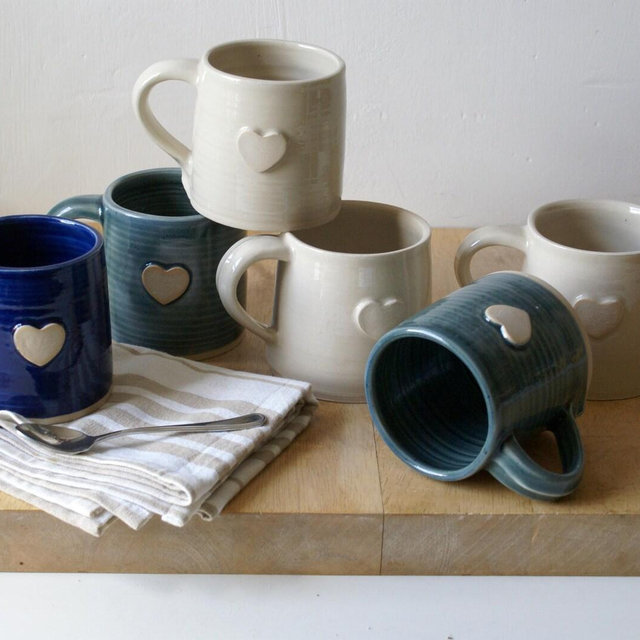 Set of two love heart handmade pottery mugs in a choice of three colours