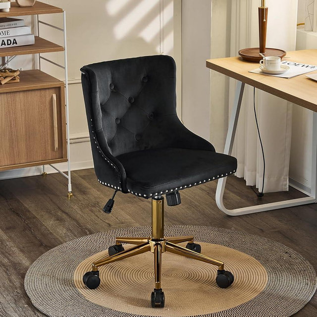 VINGLI Black Velvet Armless Home Office Desk Chair with Gold Base/Wheels, Small Cute Vanity/Makeup Chair with Back for Bedroom, Upholstered Adjustable Rolling Swivel Nail Chair for Women/Girls