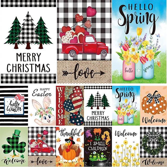 Seasonal Garden Flags Set of 12 Double Sided 12 x 18 Inch Yard Flags,small garden flags for outside, Christmas Spring Seasonal Flags Decor for Outdoor Decorations,Holiday Garden Flags for All Seasons