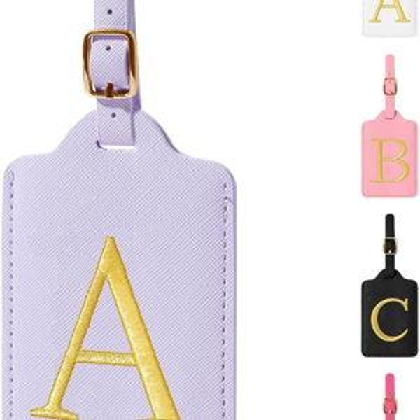 Personalized Initial Luggage Tags for Suitcases,Leather Letter Cute Luggage Tags with Privacy Name Card,Embroidered Monogrammed Travel Bag Backpack Tags Gifts for Women Kids Girls Teens(Purple-A)