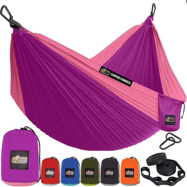 GORILLA GRIP Durable Camping Hammock with Heavy Duty Tree Straps, Portable Hammocks for Outside, Easy to Use Travel Swing Chair, Outdoor Camper Hiker Essentials, Backpacking Gear Gifts, Double, Purple