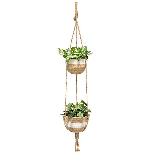 Mkono Hanging Planter Basket Indoor Outdoor 2 Tier Plant Hanger Double Jute Woven Flower Pot Holder Corner Hanging Plant Modern Storage Organizer Home Decor, 54"