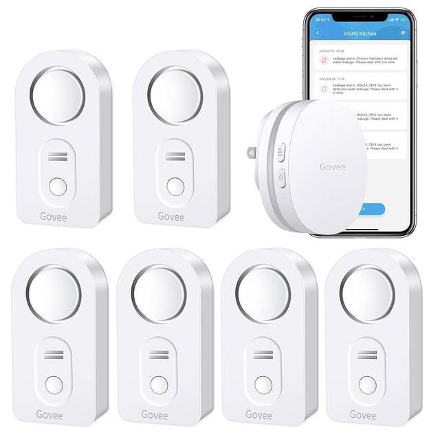 Govee Water Detectors 5 Pack, 100dB Adjustable Audio Alarm Sensor Bundle with Govee WiFi Water Sensor, 100dB Adjustable Audio Alarm