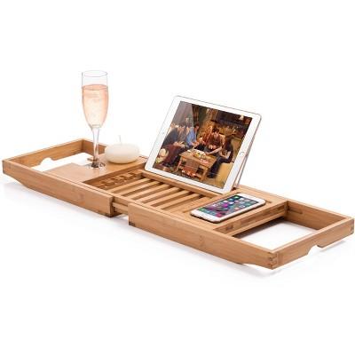 Bambusi Bathtub Caddy with Extendable Sides, Wine Glass Holder, Book Stand and Phone Tray, Natural