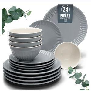 Stoneware Dinnerware Set for 8 People HYGGE 24-Piece - Elegant Scandi Design - Premium Dish Set - Bowl and Plate Set - Tableware for 8 People in a Ribbed Design - Pure Living in Gray-Blue