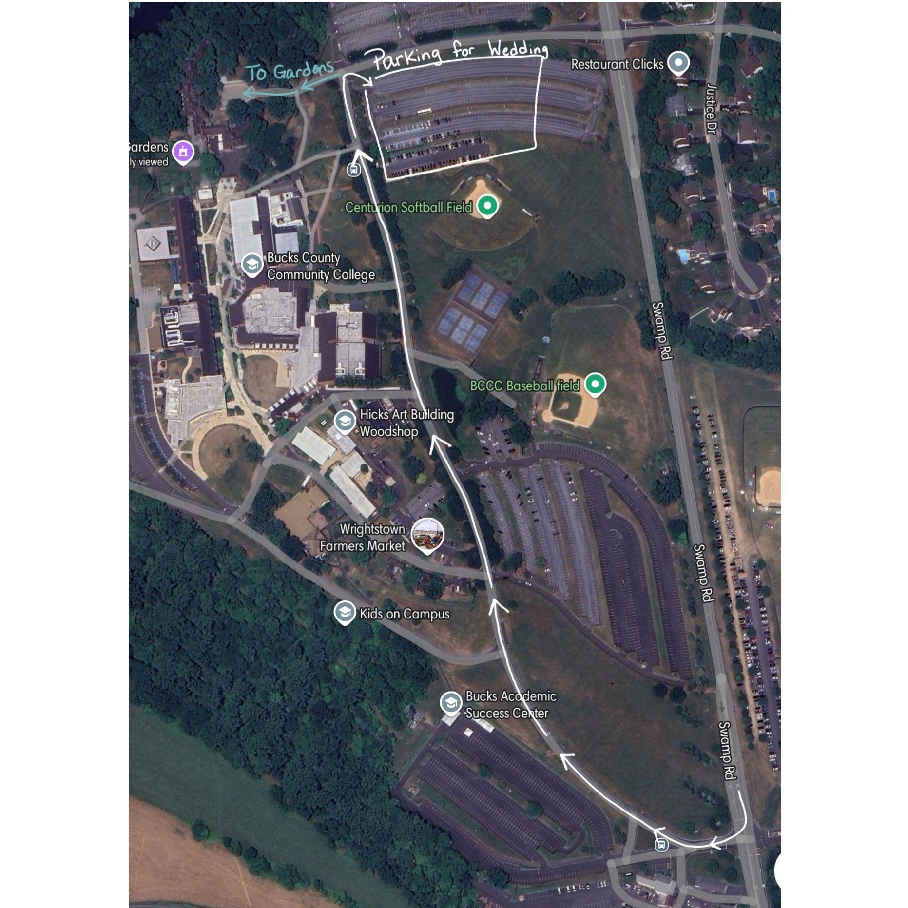 Parking map for Tyler Gardens. Please follow the "wedding this way" signs.