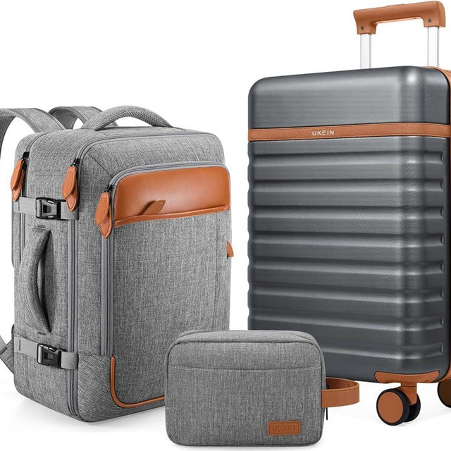 UKEIN Luggage Sets 3 Piece, PC Hardside Large Luggage 24 Inch With Spinner Wheels with TSA Lock, Carry On Suitcase Set With Travel Backpack (Grey, 3 piece set (24inch))