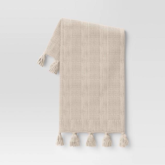 Chunky Knit Striped Throw Blanket with Tassels Cream - Threshold™
