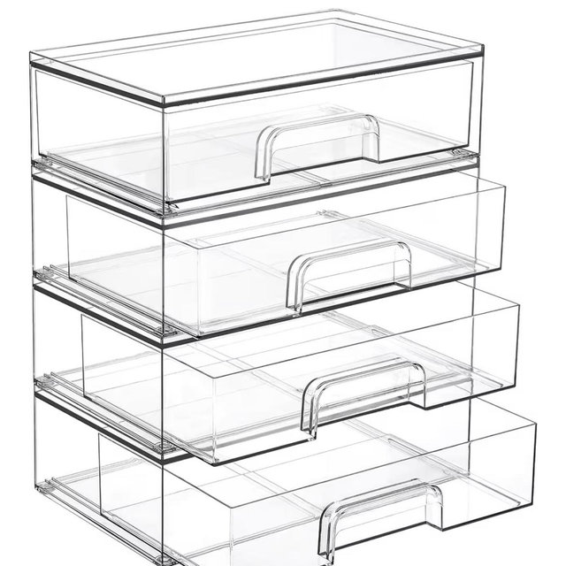 Vtopmart 12.1''W Clear Stackable Storage Drawers,4 Pack Acrylic Plastic Organizers Bins for Makeup Palettes, Cosmetics, and Beauty Supplies,Ideal for Vanity, Bathroom,Cabinet,Desk Organization