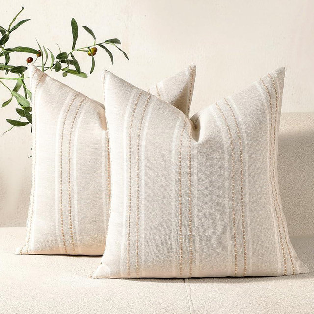 Hckot Throw Pillow Covers 24x24 Set of 2 Striped Pillow Covers Textured Linen Decorative Pillows Square Cushion Covers for Sofa Couch Bed Living Room Farmhouse Decor