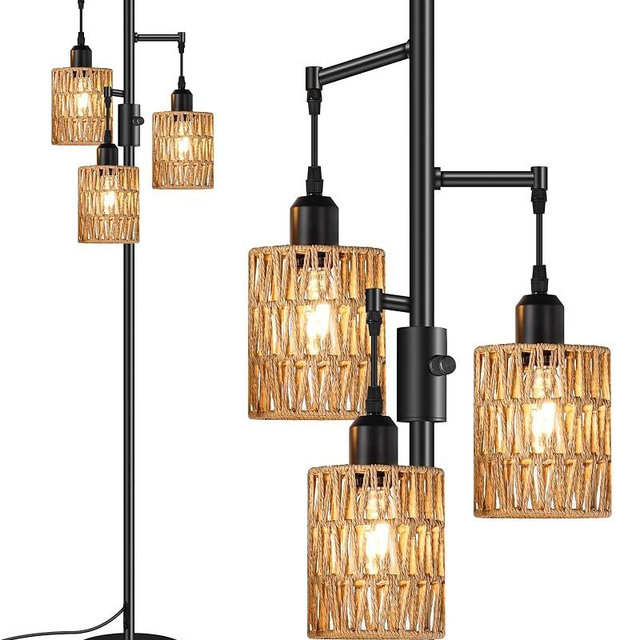 GOEBLESON Dimmable Floor Lamp, Farmhouse Tall Standing 70.3" Tree Lamp with 3 Rope Woven Lampshades, Boho Rattan Floor Lights, 4W 3 LED Bulbs Included, for Living Room, Bedroom, Study, Office B03LD05