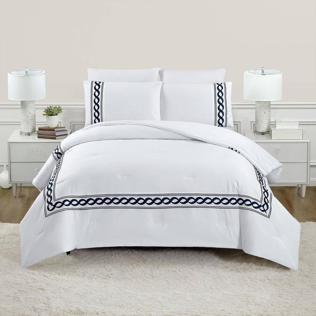 Dee Ocleppo 3pc King Cable Border Comforter Bedding Set Navy Blue