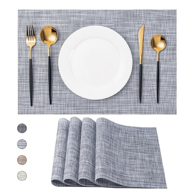 CADONO Placemats Set of 4 Washable Indoor/Outdoor Vinyl Place Mats for Dining Table Durable Non-Slip Heat Resistant PVC Weave Table Mats（Gray）