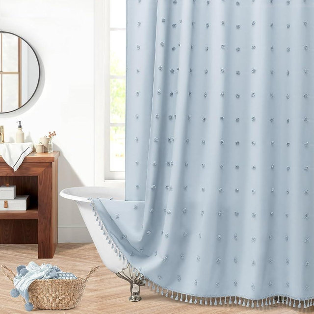 Craidlela Boho Shower Curtain, Tufted Pleat Floral Textured Tassel Vintage Farmhous Bathroom Curtain, Simple Classic Style Shower Curtains with Hooks,72 W x 72 H, FogBlue