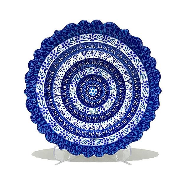 Lemose Turkish Handmade Decorative Plate - Blue&White Ceramic Ornament for Home - Hand Painted Wall Hanging Decor - Embossed Unique Art with Stand