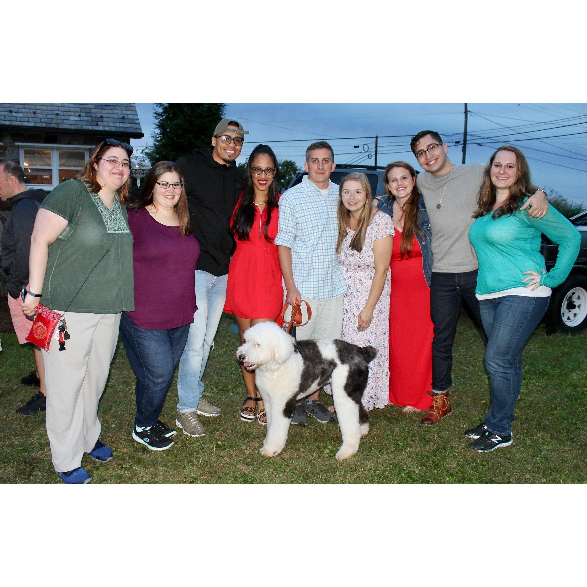 Group shot with our work friends at our engagement party (Sept 2018)