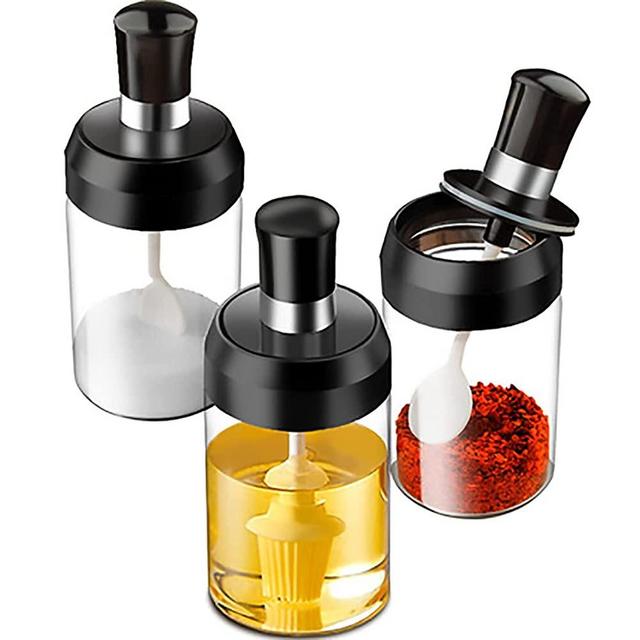 Condiment Container Seasoning Box Set of 3,Spice Jars Spoon Salt Sugar Storage Pots (3)