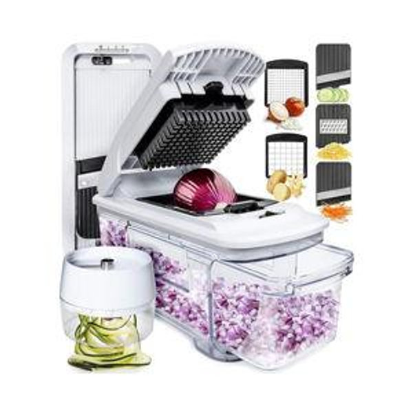 Fullstar XL Vegetable Chopper & Mandoline Slicer – Vegetable, Onion, Potato, Food, Veggie & Fruit Slicer, Dicer & Spiralizer with Pull-Out Catch Tray, Kitchen Gadgets & Gifts (6 in 1, Black/White)