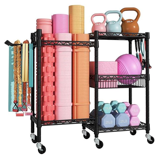 LWWJJ Home Gym storage Rack, 3 Tiers Workout Equipment Organizer, Portable Yoga Mat Storage with Wheels, Foam Roller, Dumbbells, Kettlebells, Resistance Bands