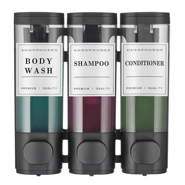 Shampoo and Conditioner Dispenser Shower Dispenser Body Wash Wall Mounted Shampoo Dispenser for Shower Wall No Drill for Bathroom Hotel 3 Chamber x 300ml Black with Waterproof Labels